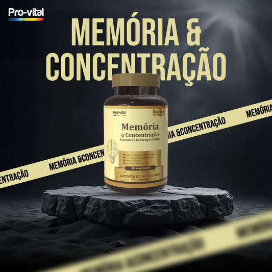 Frasco de suplemento alimentar Pro-Vital Memória e Concentração com Extrato de Ginseng e Ginkgo, embalagem de 30 comprimidos para suporte cognitivo.