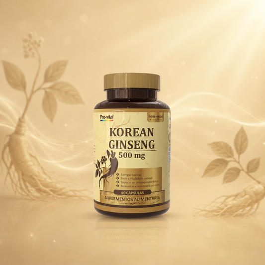 Suplemento de Ginseng Coreano 500mg Pro-vital em embalagem de 60 cápsulas, ideal para aumentar a energia natural e o foco mental.
