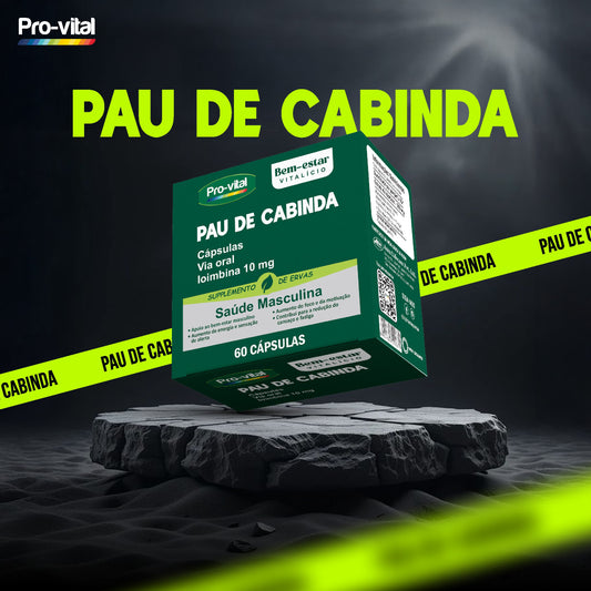 Cápsulas de Pau de Cabinda Pro-Vital para saúde masculina e vitalidade, embalagem de 60 cápsulas com 10mg de ioimbina.
