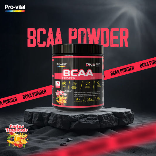 BCAA Powder 2:1:1 Pro-Vital sabor Frutas Tropicais, suplemento para recuperação muscular e energia, embalagem de 500g com 71 porções.