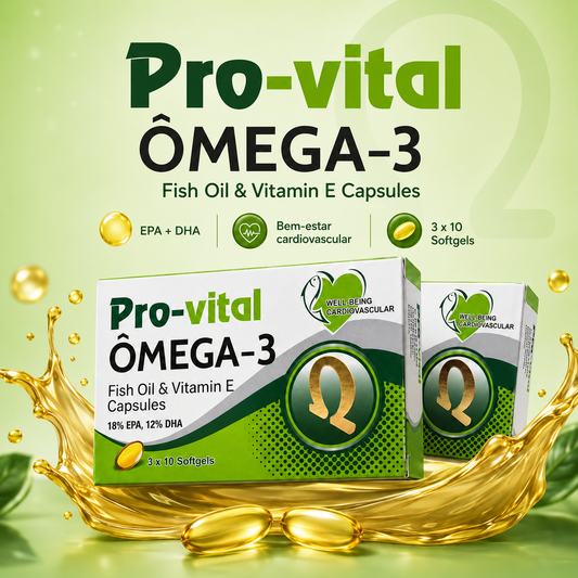 Suplemento Pro-vital Ômega-3 com duas caixas do produto em destaque sobre fundo verde claro com gotas e cápsulas de óleo de peixe flutuantes.