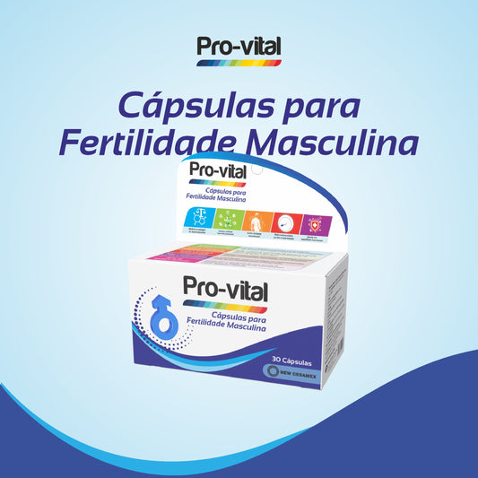 Embalagem do suplemento vitamínico Pro-vital Fertilidade Masculina centralizada contra um plano de fundo azul e branco com ondas abstratas.