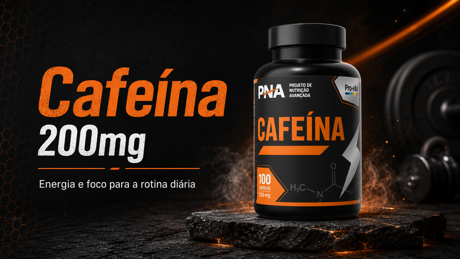 Frasco Pro-Vital PNA Cafeína 200mg em cenário escuro desportivo, com destaque para energia e foco na rotina diária.
