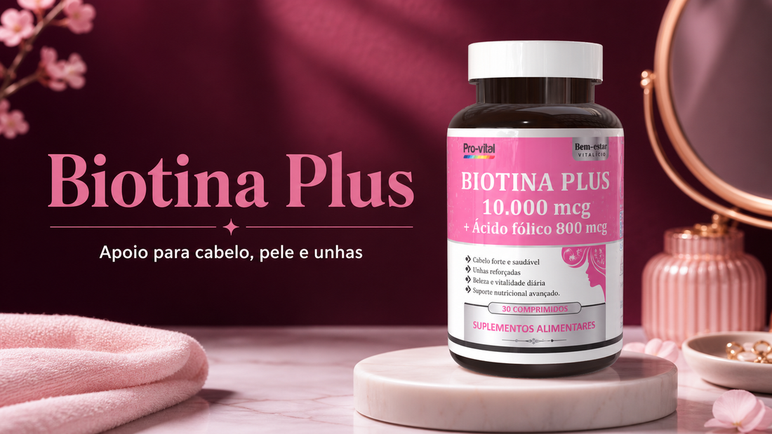 Frasco Pro-Vital Biotina Plus 10.000 mcg com ácido fólico, em cenário rosa de beleza, para apoio a cabelo, pele e unhas.