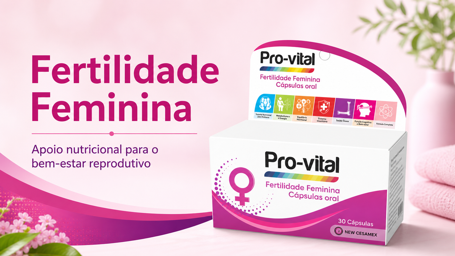 Caixa Pro-Vital Fertilidade Feminina Cápsulas oral com destaque para apoio nutricional ao bem-estar reprodutivo em Angola.