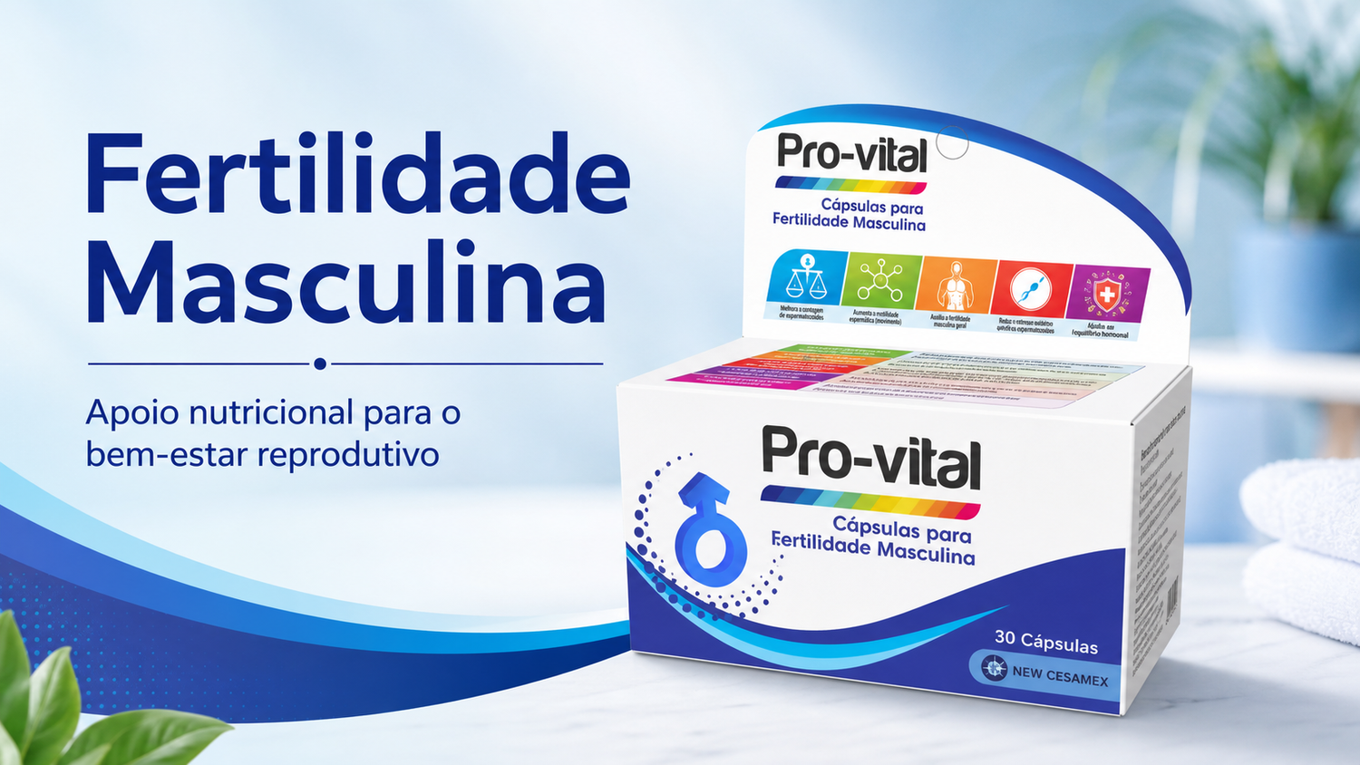 Caixa Pro-Vital Cápsulas para Fertilidade Masculina com destaque para apoio nutricional ao bem-estar reprodutivo em Angola.