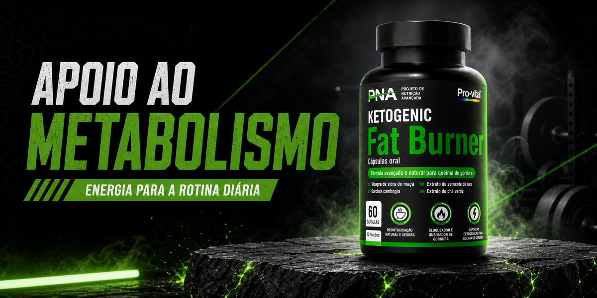 Frasco Pro-Vital Ketogenic Fat Burner em cenário desportivo escuro, com destaque para apoio ao metabolismo e energia diária.