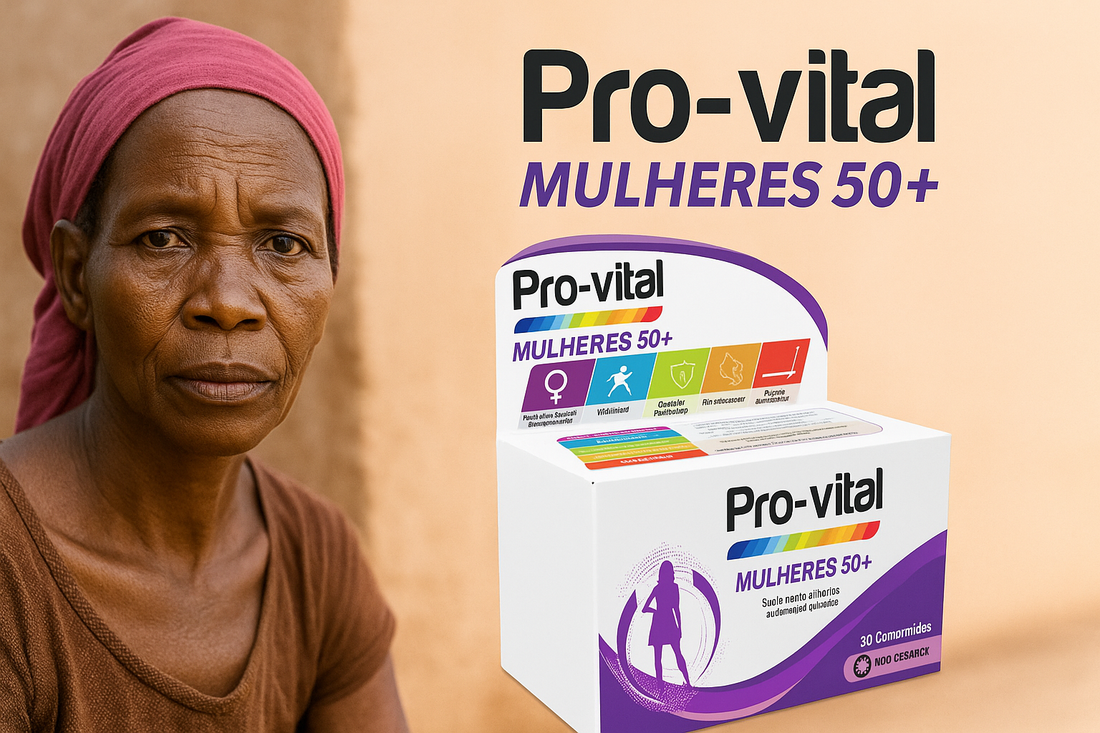 African woman with humble background beside Pro-Vital Mulheres 50+ multivitamin box, promoting health and vitality for women over 50