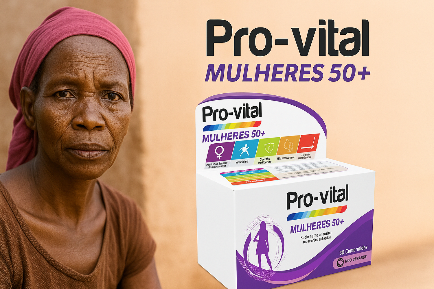 African woman with humble background beside Pro-Vital Mulheres 50+ multivitamin box, promoting health and vitality for women over 50