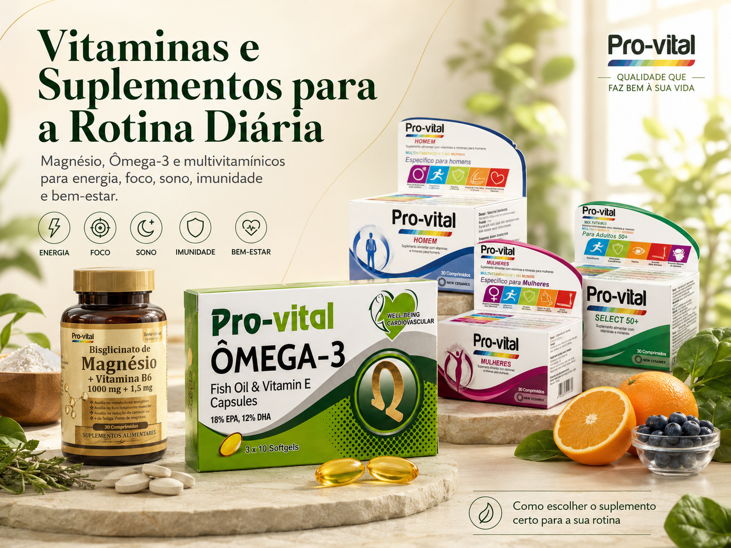 Vitaminas e suplementos Pro-Vital para rotina diária em Angola, com magnésio, ómega-3 e multivitamínicos para energia, foco, sono, imunidade e bem-estar.