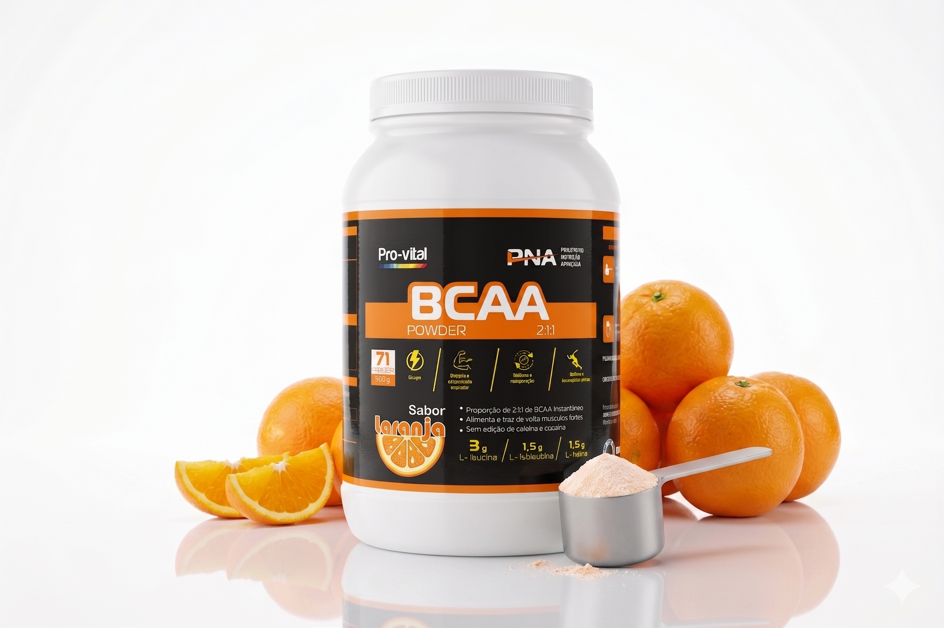 Pro-Vital BCAA Powder 2:1:1 sabor laranja com fatias de laranja e scoop de pó em fundo branco com reflexo.