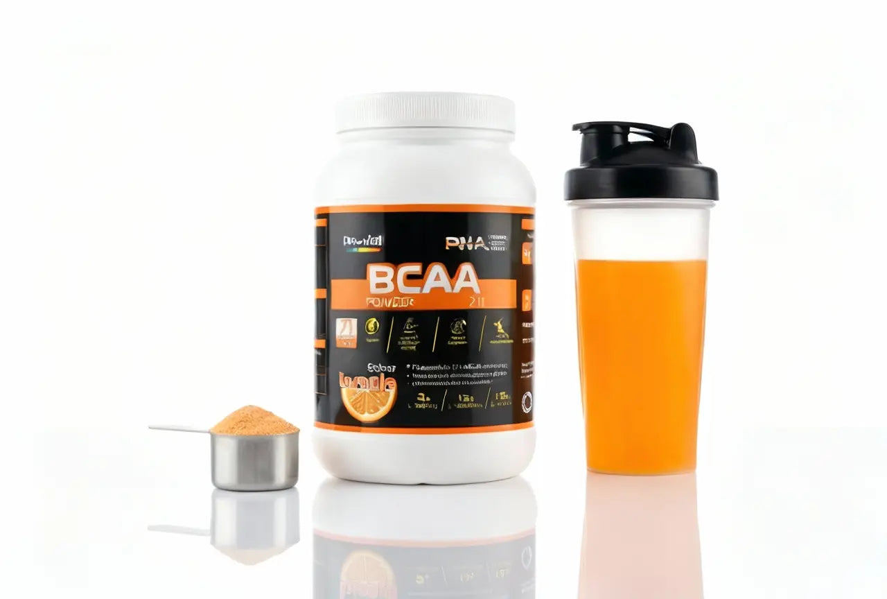 Recipiente para suplemento de BCAA com shaker e colher de medida sobre fundo branco.