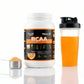 Suplemento BCAA Powder Pro-vital sabor laranja preparado num shaker com scoop de medida, pó instantâneo para atletas.