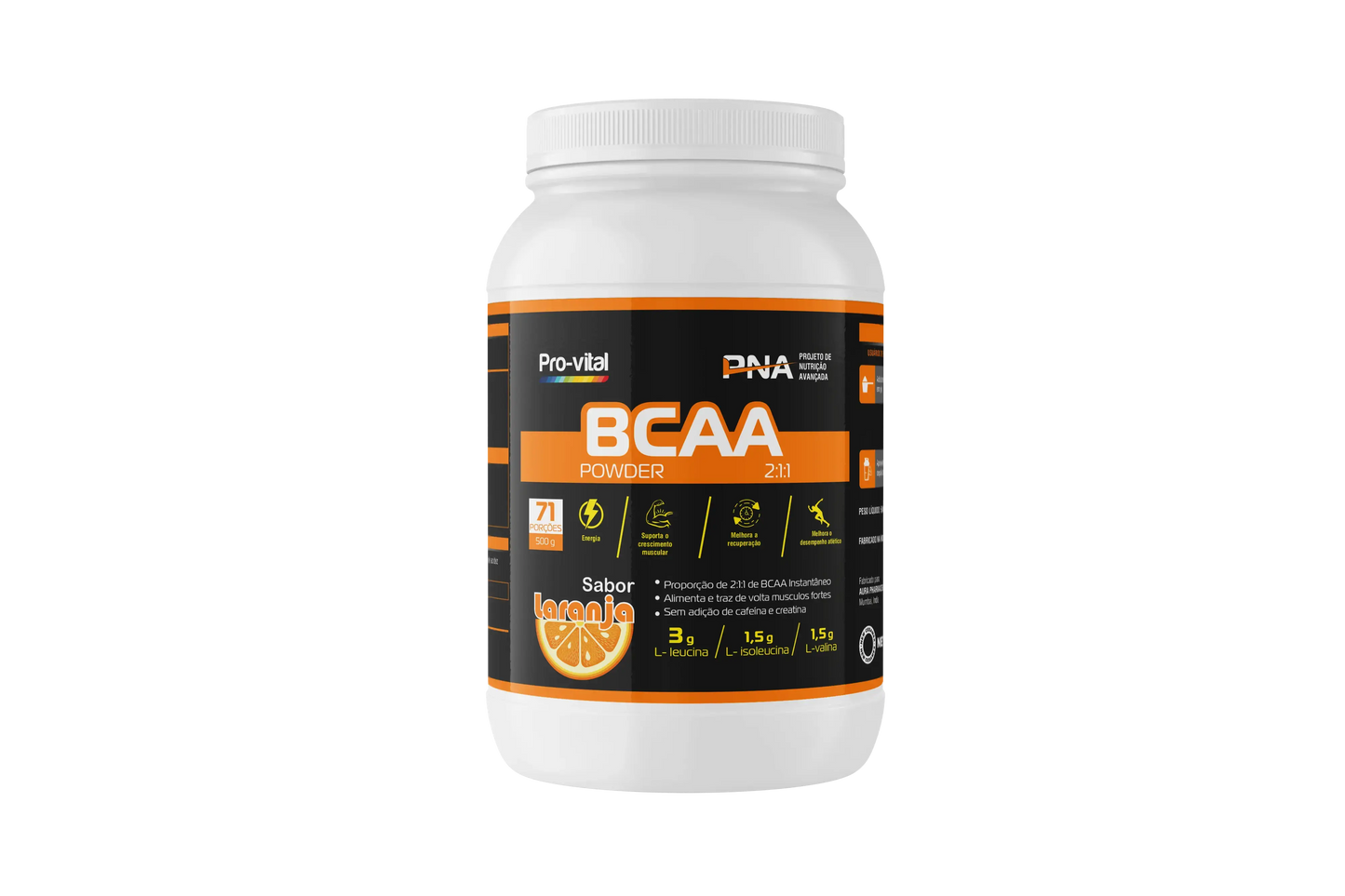 Embalagem frontal do BCAA Powder 2:1:1 Pro-vital sabor laranja, 500g com 71 porções para ganho de massa.