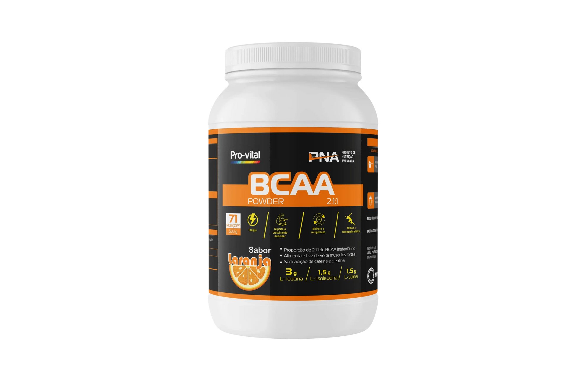 Embalagem frontal do BCAA Powder 2:1:1 Pro-vital sabor laranja, 500g com 71 porções para ganho de massa.
