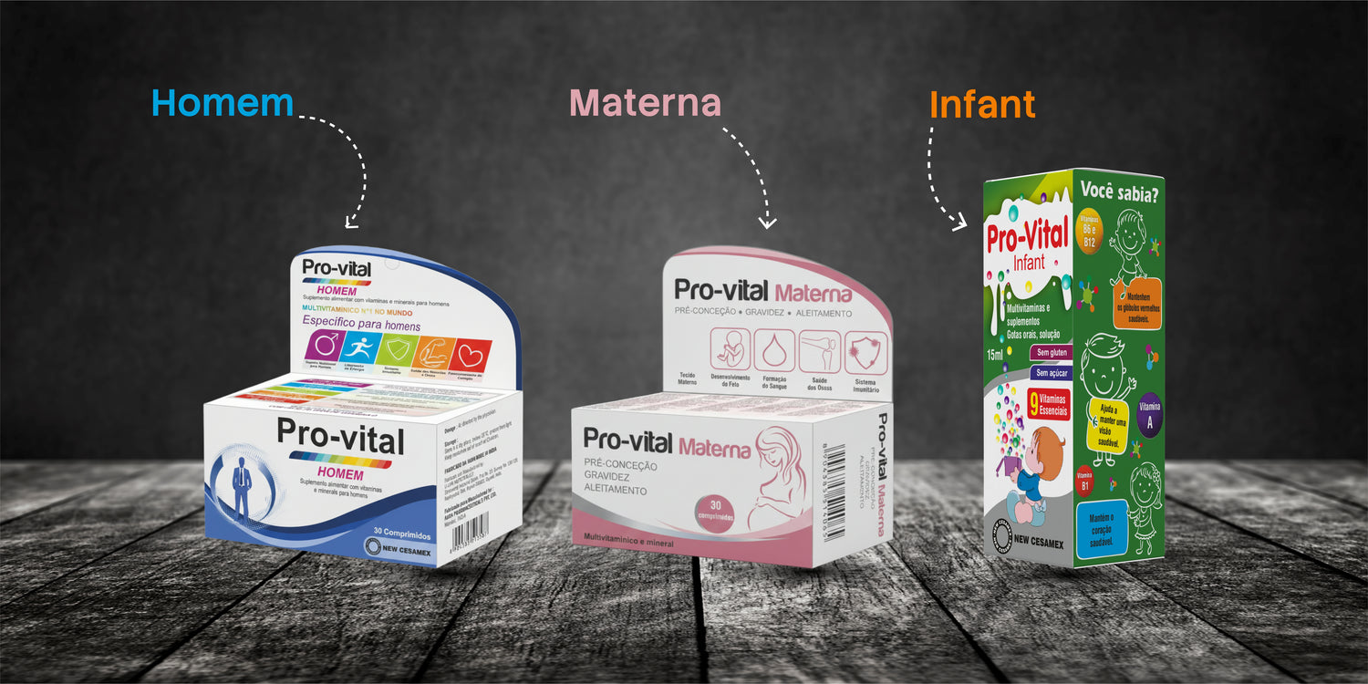 Pro-vital product packaging for different age groups on a wooden surface with a chalkboard background.