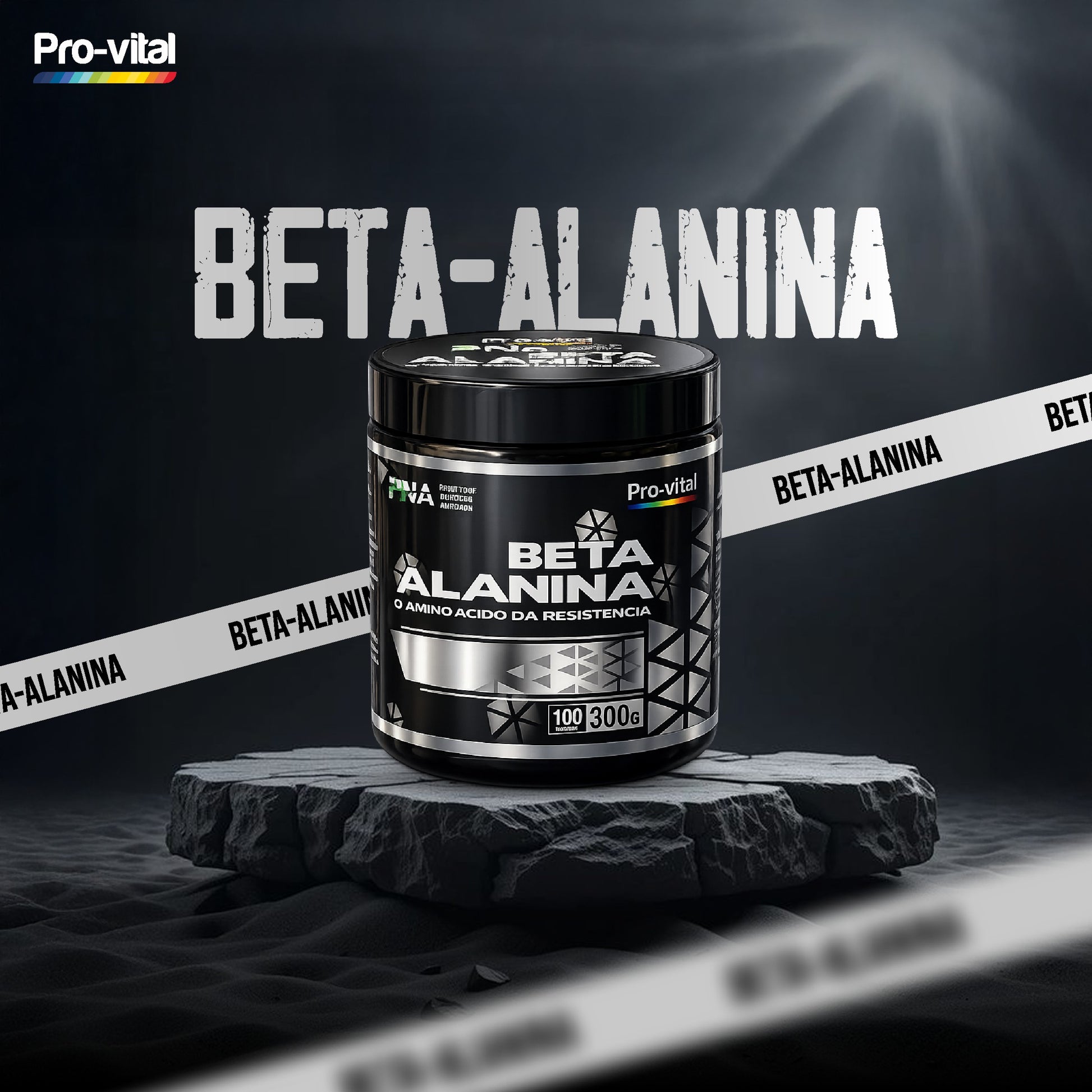 Suplemento de Beta-Alanina da marca Pro-Vital posicionado sobre um pedestal de pedra escura com faixas decorativas em fundo dramático iluminado.