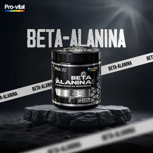 Suplemento de Beta-Alanina da marca Pro-Vital posicionado sobre um pedestal de pedra escura com faixas decorativas em fundo dramático iluminado.