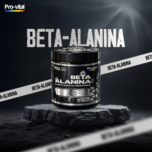 Suplemento de Beta-Alanina da marca Pro-Vital posicionado sobre um pedestal de pedra escura com faixas decorativas em fundo dramático iluminado.
