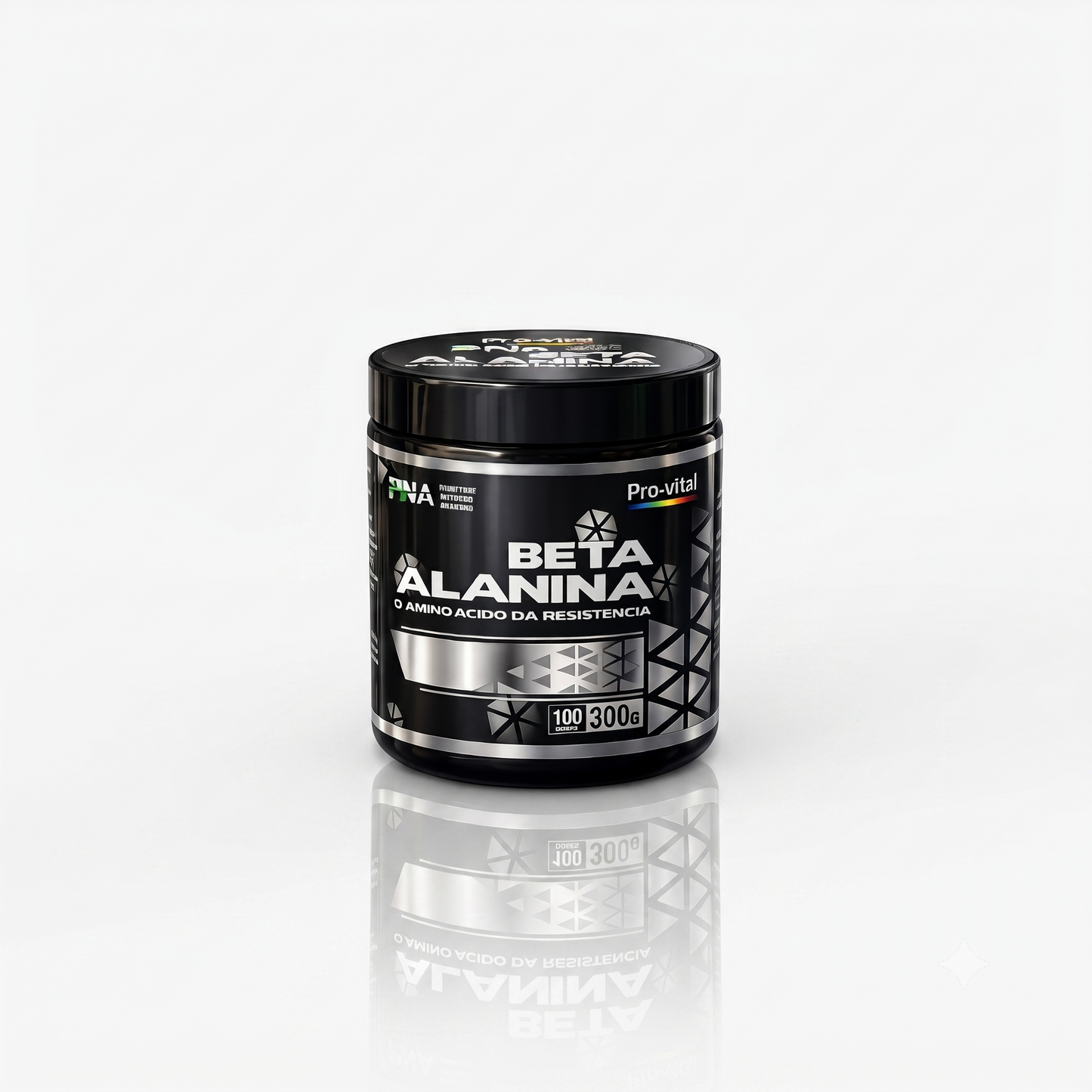 Embalagem preta e prateada de Beta-Alanina Pro-Vital de 300g com reflexo numa superfície branca lisa, destacando o texto "O aminoácido da resistência".