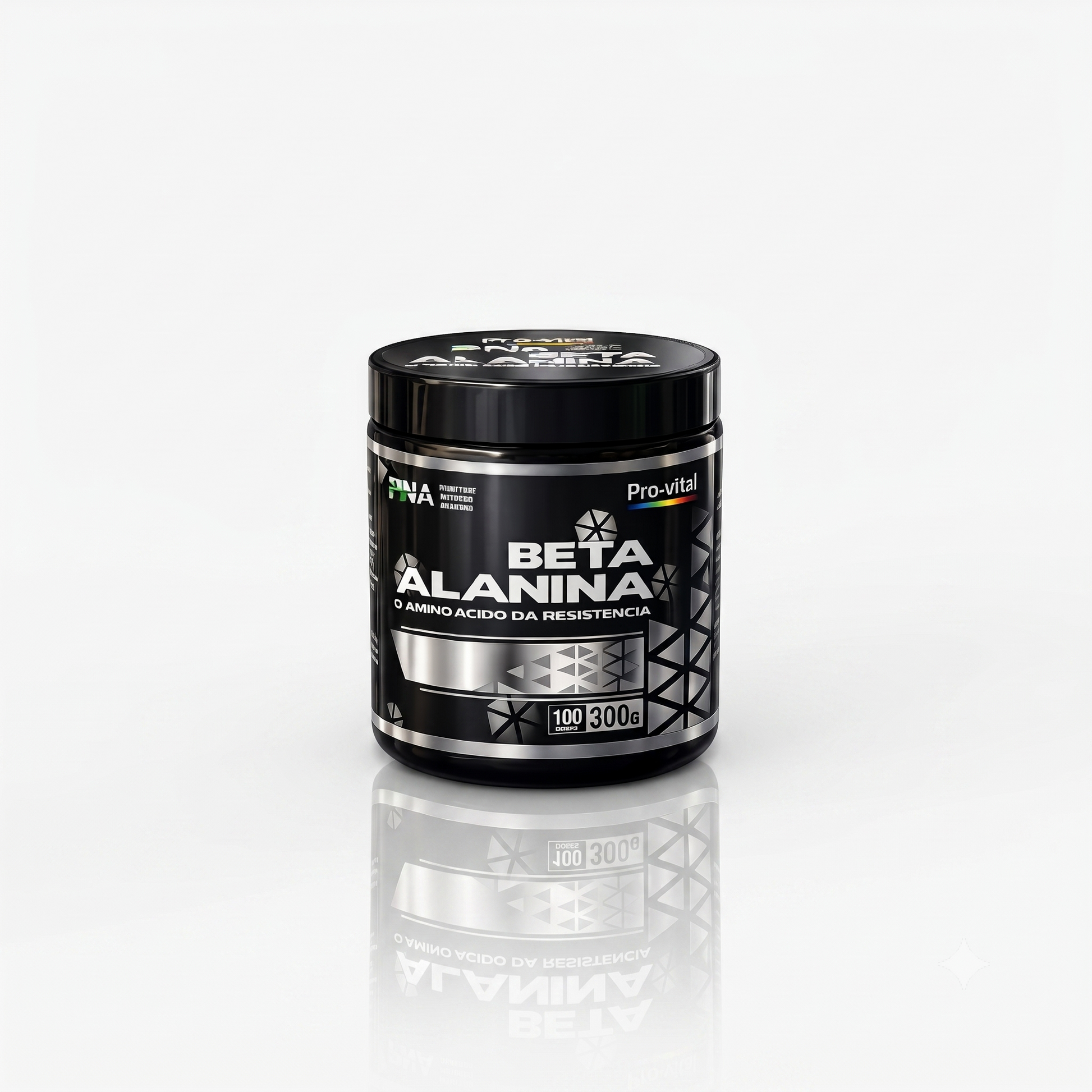 Embalagem preta e prateada de Beta-Alanina Pro-Vital de 300g com reflexo numa superfície branca lisa, destacando o texto "O aminoácido da resistência".