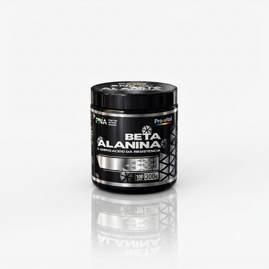 Embalagem preta e prateada de Beta-Alanina Pro-Vital de 300g com reflexo numa superfície branca lisa, destacando o texto "O aminoácido da resistência".