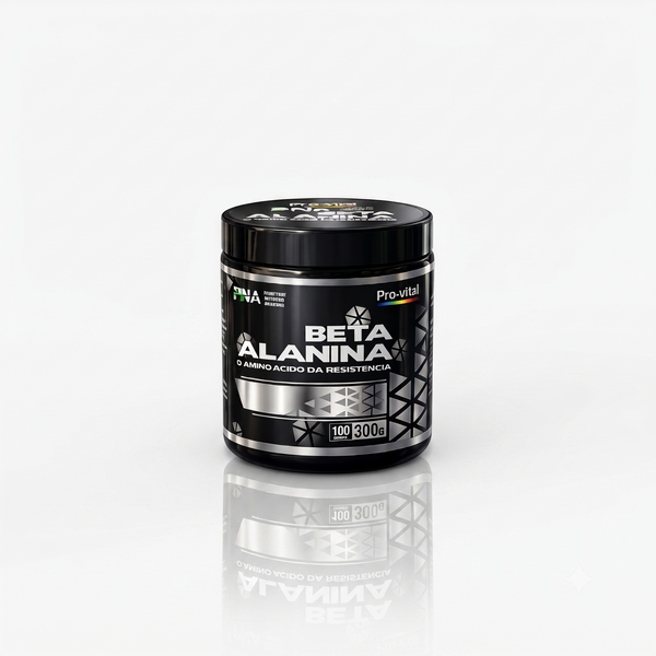 Embalagem preta e prateada de Beta-Alanina Pro-Vital de 300g com reflexo numa superfície branca lisa, destacando o texto "O aminoácido da resistência".