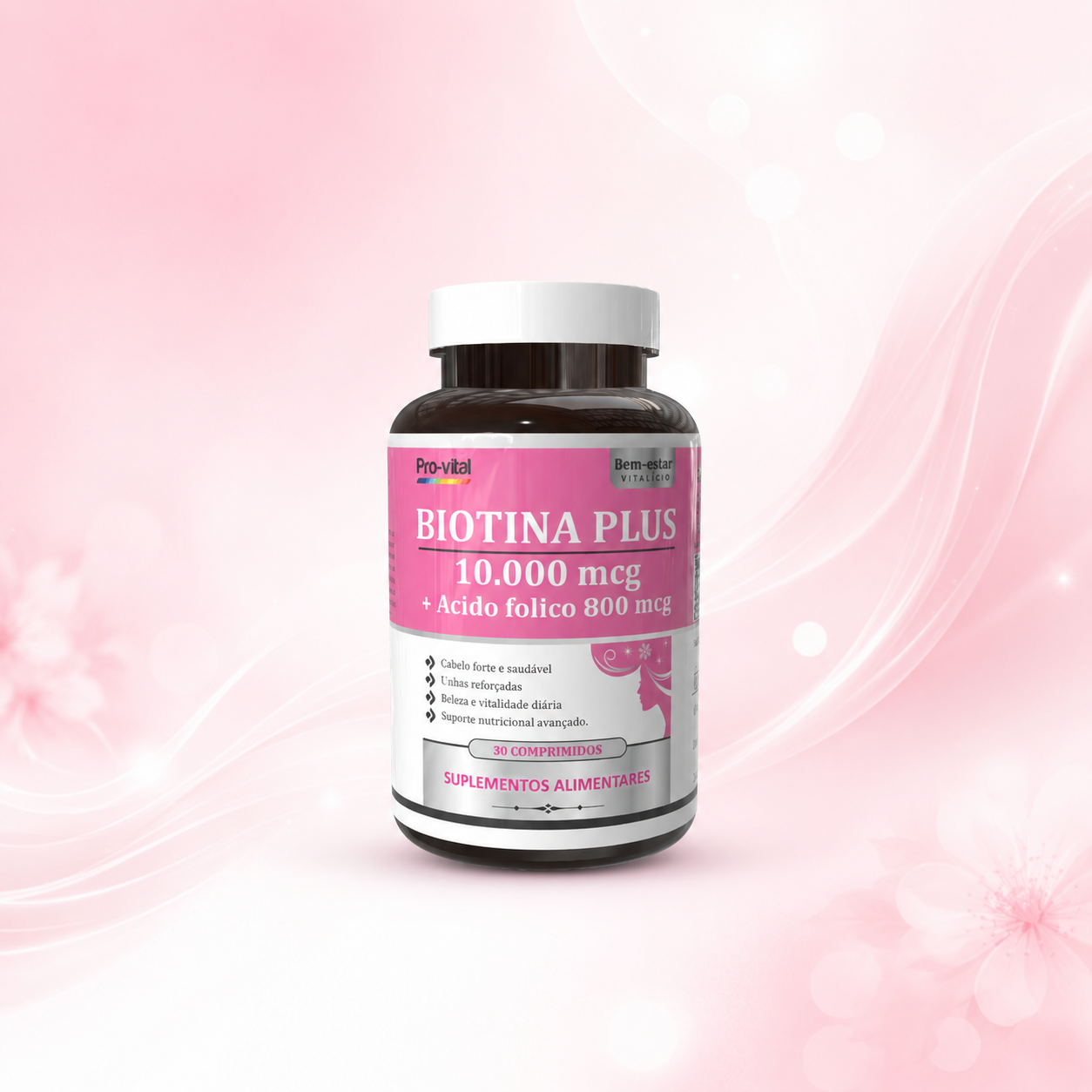 Suplemento Biotina Plus 10.000 mcg e Ácido Fólico 800 mcg Pro-vital, ideal para fortalecer o cabelo e as unhas, embalagem de 30 comprimidos.