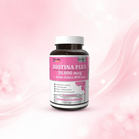 Suplemento Biotina Plus 10.000 mcg e Ácido Fólico 800 mcg Pro-vital, ideal para fortalecer o cabelo e as unhas, embalagem de 30 comprimidos.