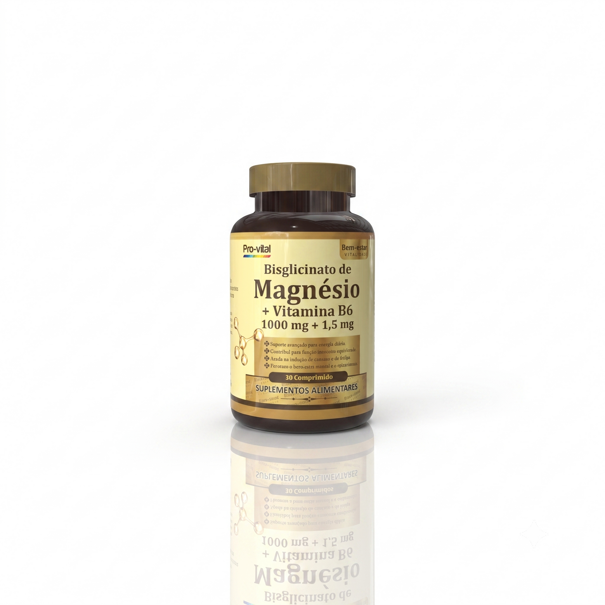 Frasco de plástico âmbar de Bisglicinato de Magnésio e Vitamina B6 da Pro-Vital reflectido numa superfície branca limpa, com rótulo a indicar 1000 mg + 1,5 mg.