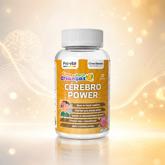 Gomas Cérebro Power Pro-Vital para crianças, suplemento para foco e concentração com Vitaminas B1, B6 e B12 em frasco de 30 gomas.
