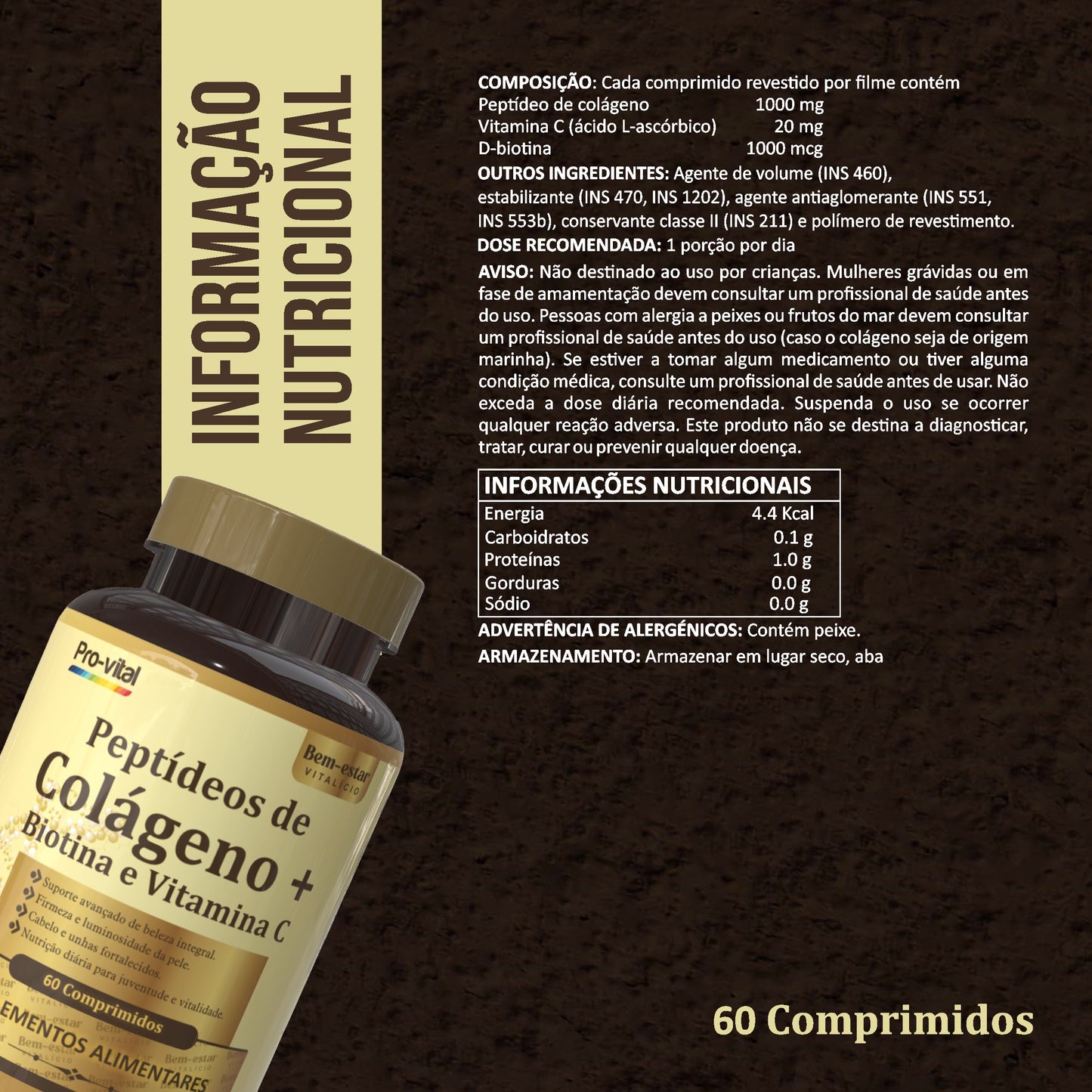 Frasco de colagénio com biotina Pro-Vital sobre uma mesa de madeira rústica com texto em português destacando o suporte avançado de beleza integral e luminosidade da pele.