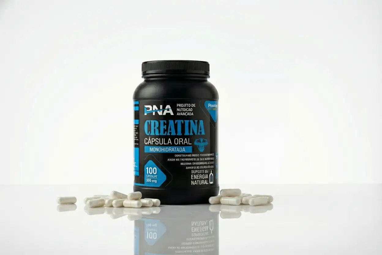 Cápsulas brancas de Creatina Monohidratada PNA espalhadas junto ao pote, suplemento prático para recuperação muscular.