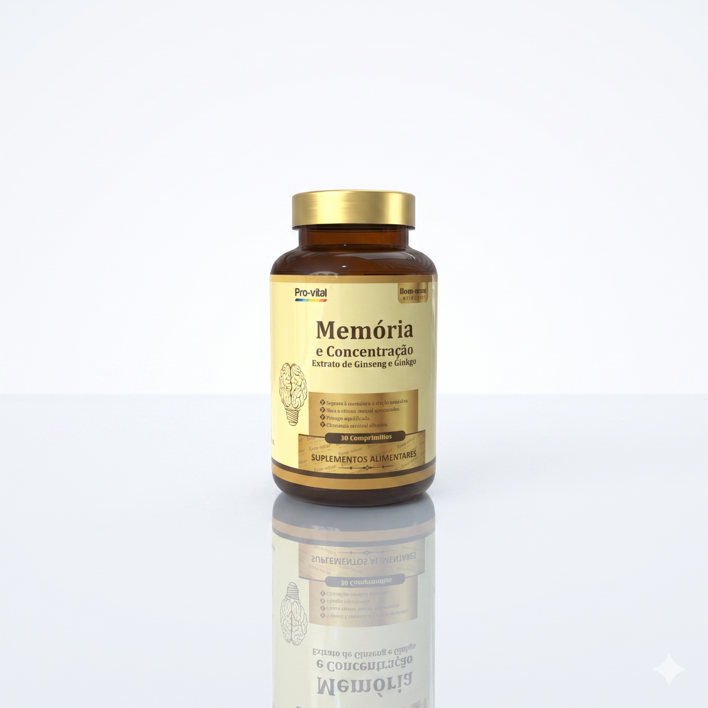 Frasco dourado de suplemento Pro-Vital Memória e Concentração com Extrato de Ginseng e Ginkgo, posicionado em fundo branco brilhante com reflexo realista.