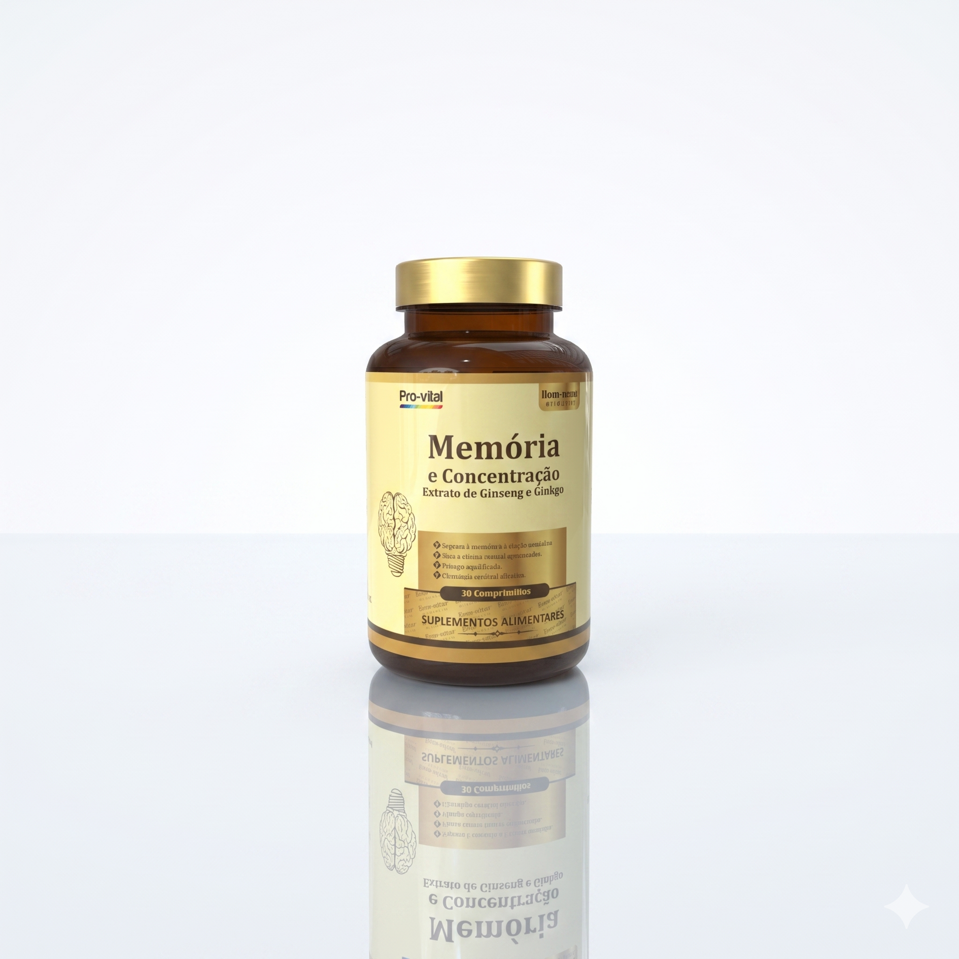 Frasco dourado de suplemento Pro-Vital Memória e Concentração com Extrato de Ginseng e Ginkgo, posicionado em fundo branco brilhante com reflexo realista.