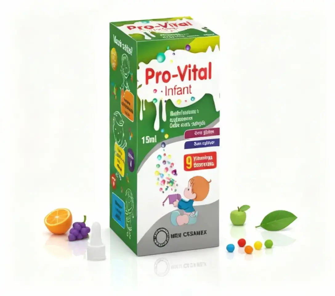 Pro-vital Infant 15ml com conta-gotas e extratos de fruta, solução oral para reforçar as defesas e a energia das crianças.