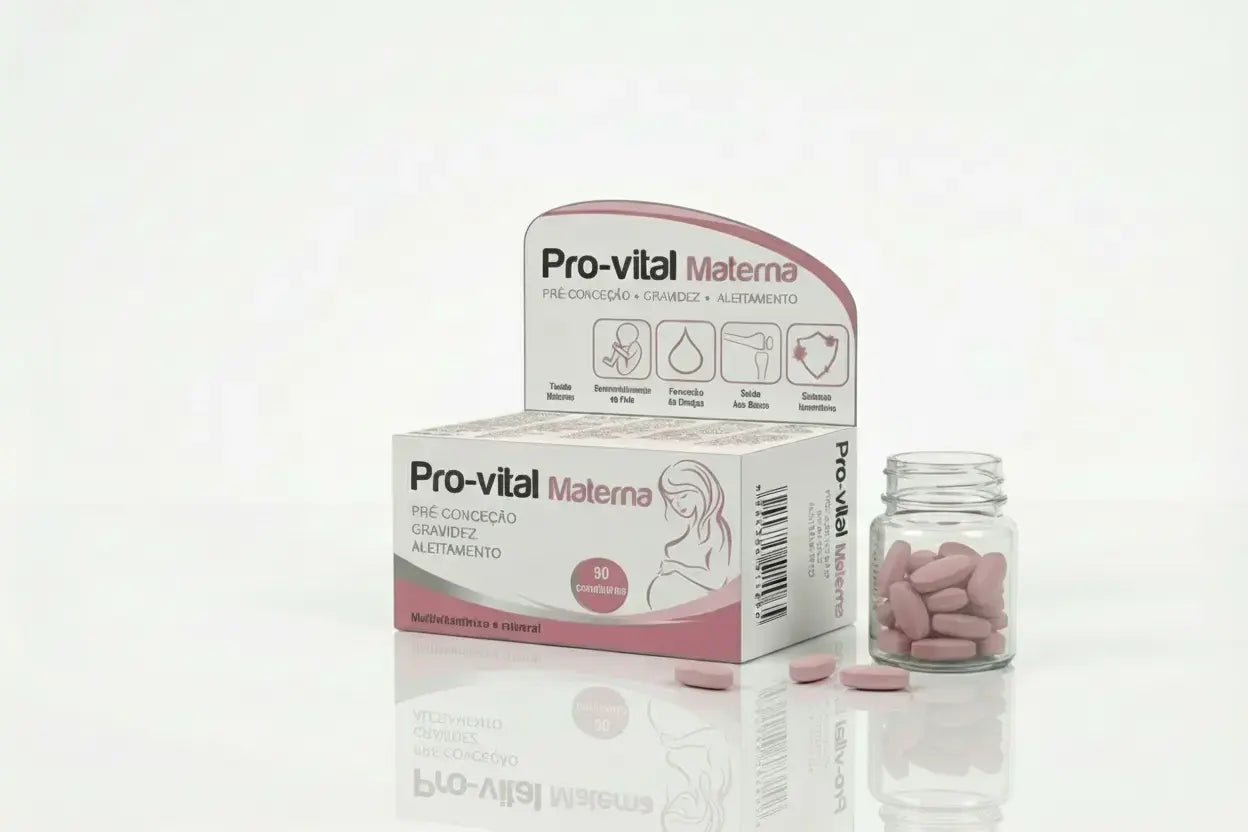 Comprimidos pré-natais Pro-vital Materna em frasco de vidro ao lado da embalagem original, suplementação diária para mulheres grávidas.