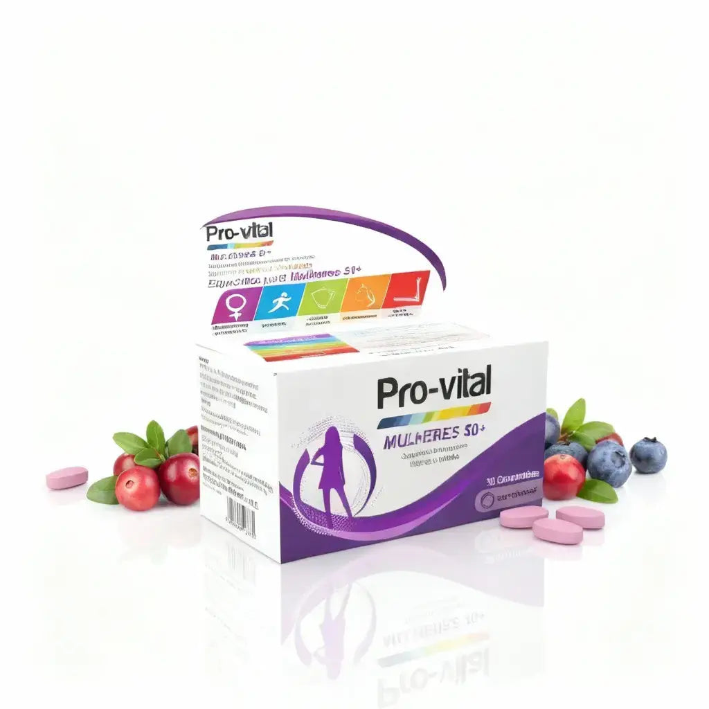Comprimidos cor-de-rosa Pro-vital Mulheres 50+ com antioxidantes naturais de bagas, promovendo vitalidade e saúde geral.