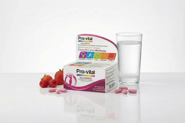 Comprimidos cor-de-rosa do suplemento Pro-vital Mulheres com copo de água, reforço completo de vitaminas e minerais.