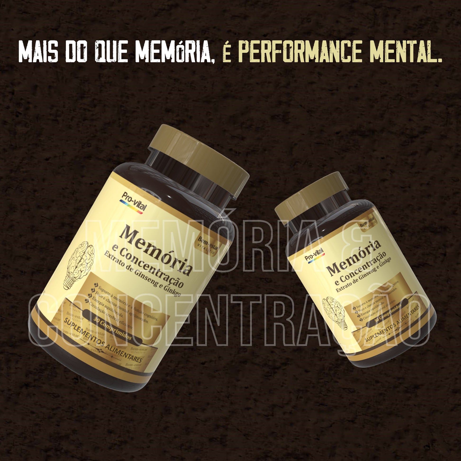 Embalagem de Memória e Concentração Pro-Vital sobre fundo de madeira destacando benefícios de clareza mental, circulação cerebral eficiente e produtividade diária.