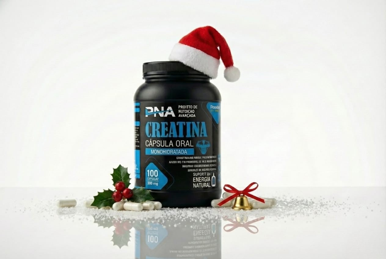 Frasco de PNA Creatina Monohidratada em cápsulas com um gorro de Pai Natal no topo, rodeado por cápsulas brancas espalhadas, azevinho e um sino dourado com laço vermelho sobre neve artificial.