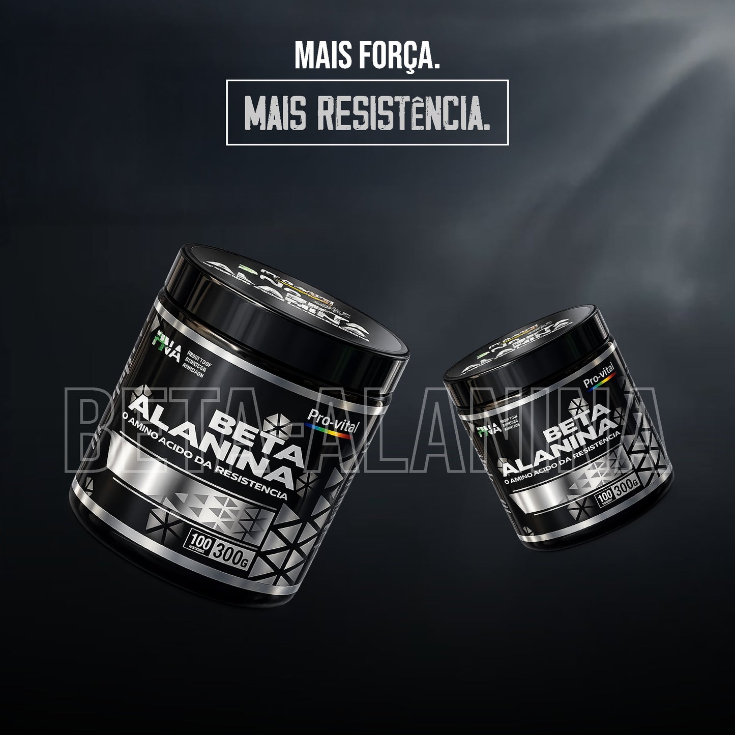 Duas embalagens de suplemento pré-treino Beta-Alanina Pro-Vital a flutuar num fundo escuro com o slogan "Mais força. Mais resistência."
