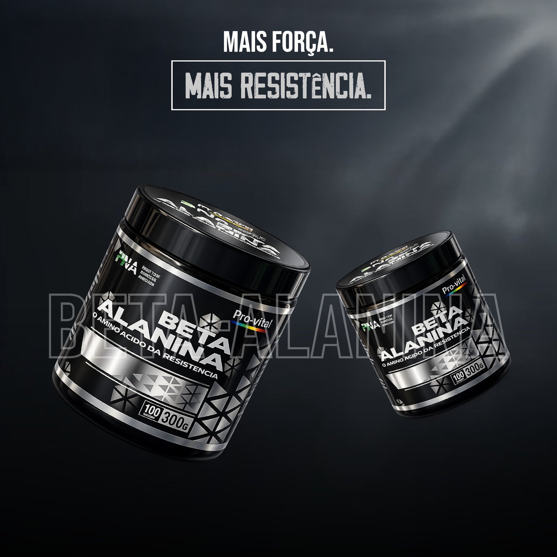 Duas embalagens de suplemento pré-treino Beta-Alanina Pro-Vital a flutuar num fundo escuro com o slogan "Mais força. Mais resistência."