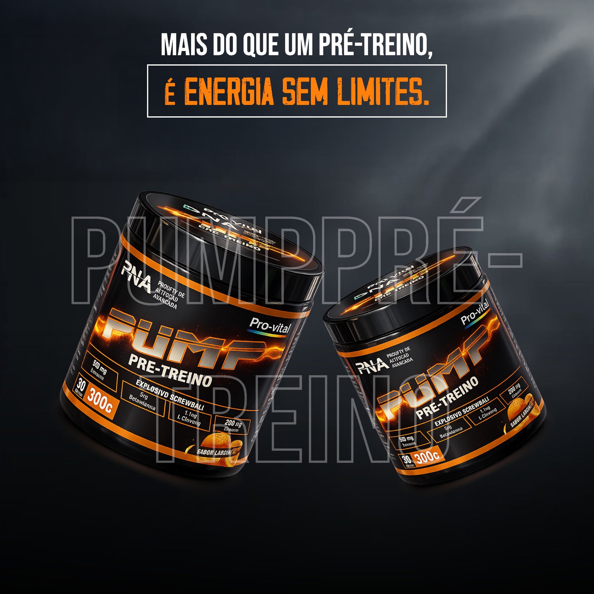 Duas embalagens pretas e laranjas do suplemento Pump Pre-Treino a flutuar num fundo escuro e esfumado com o texto em destaque "Mais do que um pré-treino, é energia sem limites."