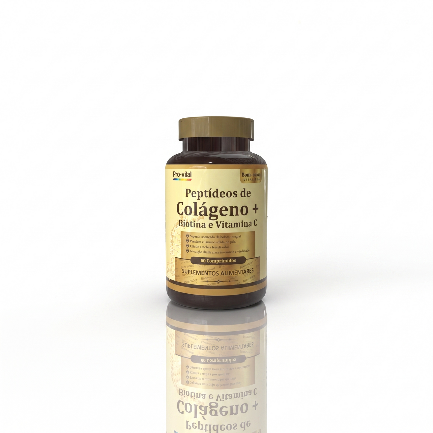 Frasco de suplemento alimentar Peptídeos de Colagénio com Biotina e Vitamina C da Pro-Vital isolado num fundo branco com reflexo na superfície.