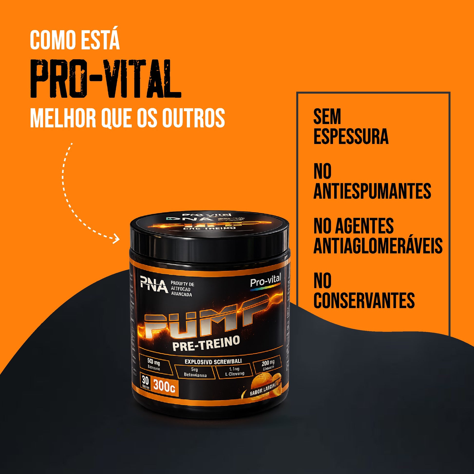 Embalagem do suplemento Pump Pro-Vital num fundo laranja, com um painel lateral que detalha os benefícios da fórmula: sem espessura, sem antiespumantes, sem agentes antiaglomerantes e sem conservantes.