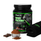 Pote de Whey Protein Pro-vital com doseador, pedaços de chocolate e toalha de ginásio, nutrição desportiva profissional.