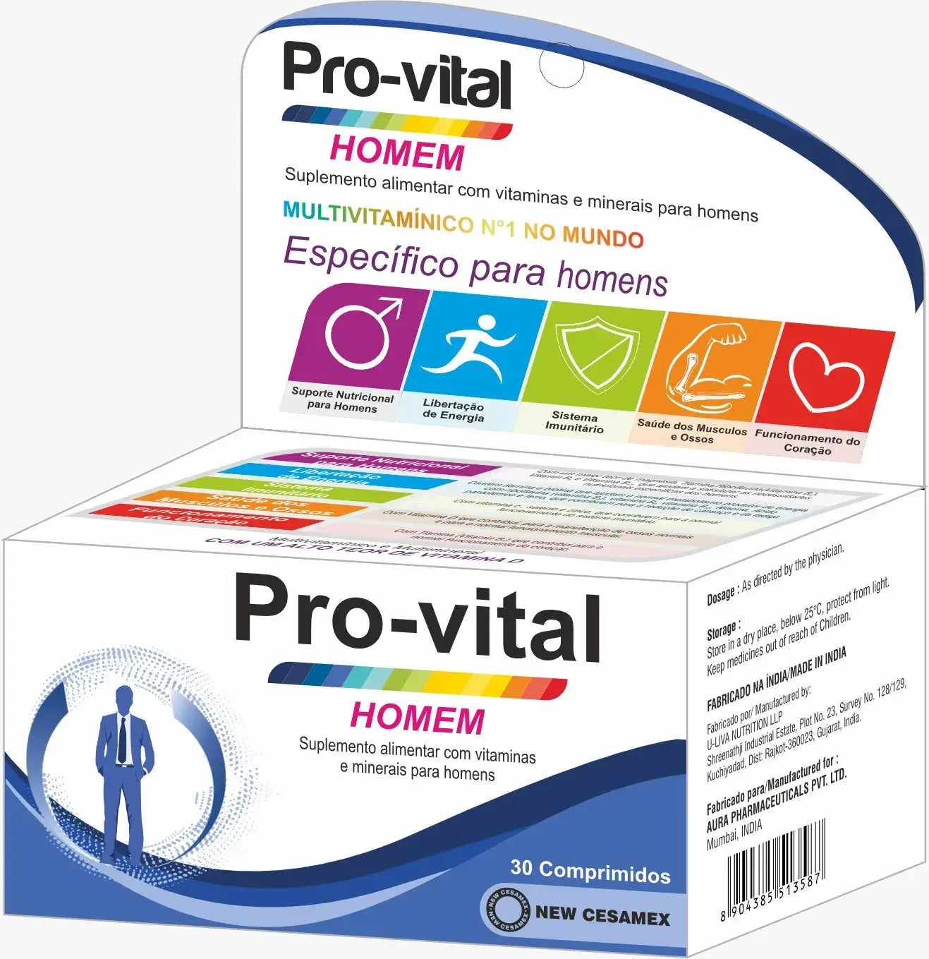 Embalagem frontal do Pro-vital Homem, suplemento alimentar com vitaminas e minerais específicos para o público masculino.