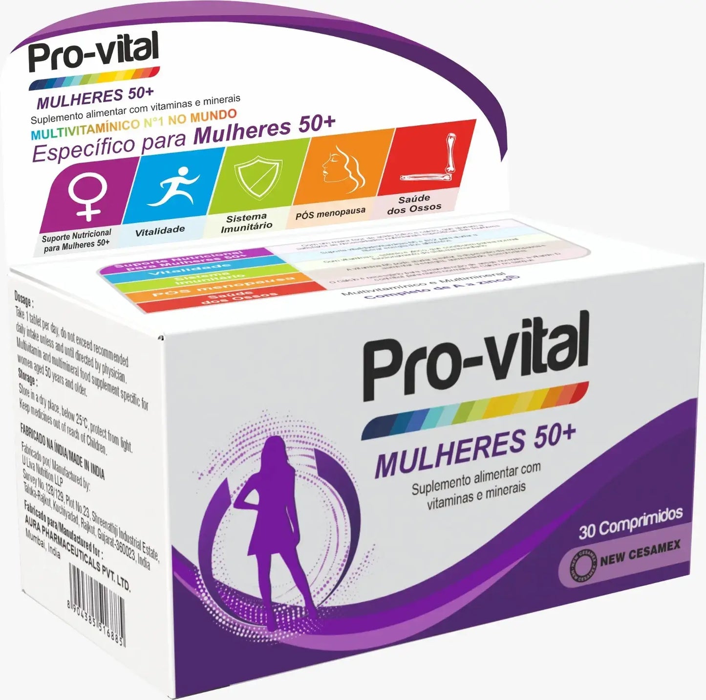 Embalagem frontal do multivitamínico Pro-vital Mulheres 50+, suplemento alimentar completo de A a Zinco para mulheres em Angola.