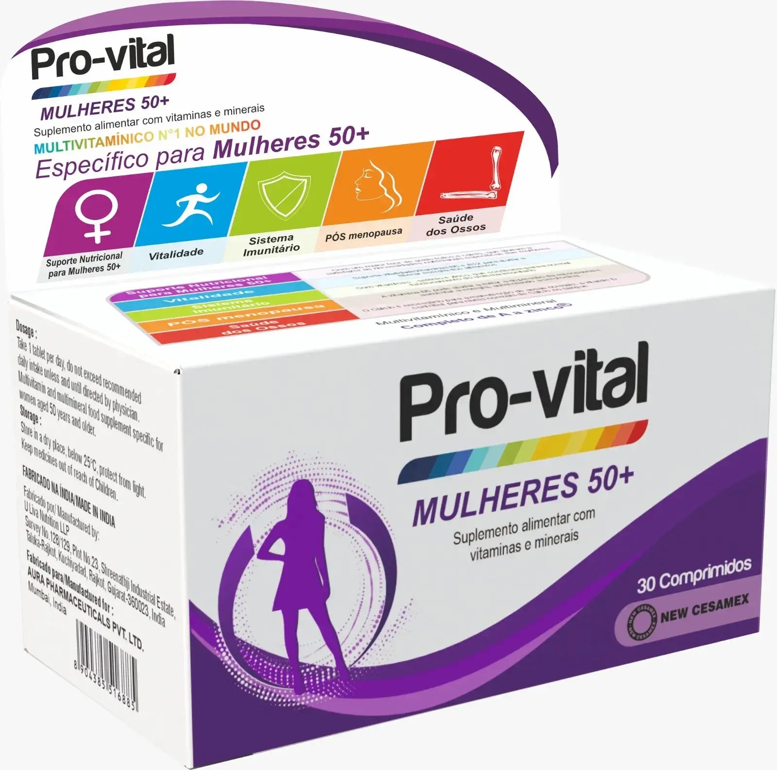 Embalagem frontal do multivitamínico Pro-vital Mulheres 50+, suplemento alimentar completo de A a Zinco para mulheres em Angola.